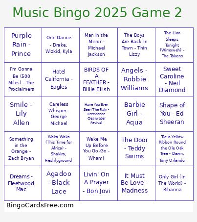 Music Bingo 2025 Game 2