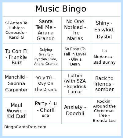 Music Bingo Card