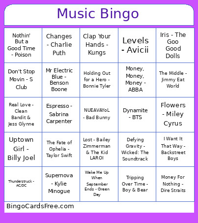 Music Bingo Card