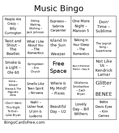 Music Bingo Card