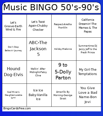 Music 50's-90's Bingo Card