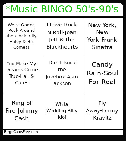*Music 50's-90's Bingo Card