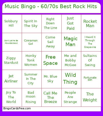 Music - 60/70s Best Rock Hits Bingo Card