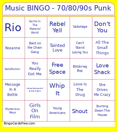 Music - 70/80/90s Punk Bingo Card