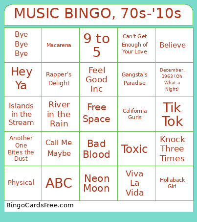 Music , 70s-2010s Bingo Card