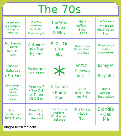 Music - 70s Bingo Card