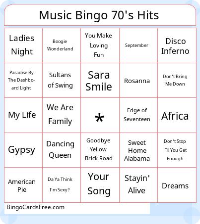 Music Bingo 70's Hits Cards Free Pdf Printable Game, Title: Music Bingo 70's Hits