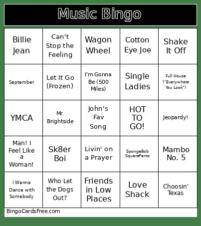 Music Bingo Card