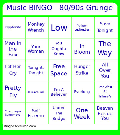Music - 80/90s Grunge Bingo Card