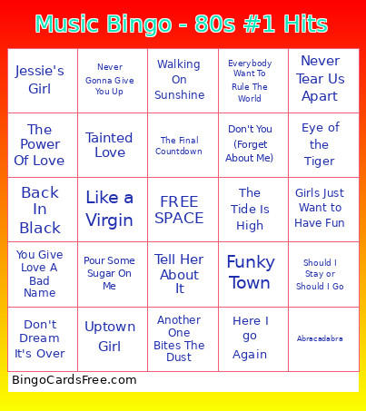 Music - 80s #1 Hits Bingo Card
