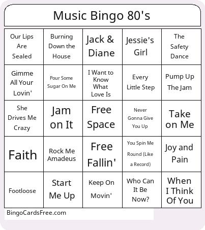 Music Bingo 80's Cards Free Pdf Printable Game, Title: Music Bingo 80's