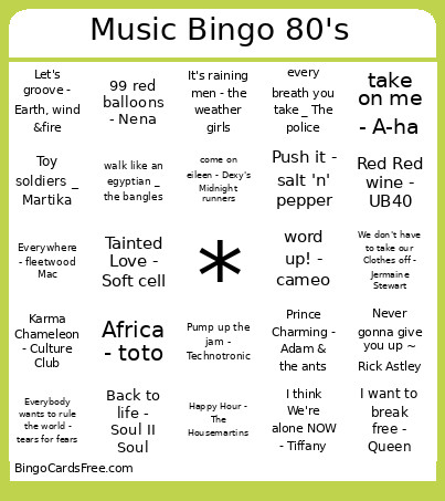 Music 80's Bingo Card
