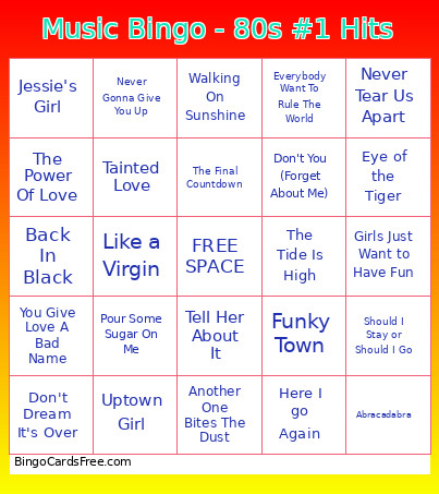 Music - 80s Num One Hits Bingo Card