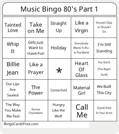 80's Part 1 Bingo Cards Free Pdf Printable Game, Title: Music Bingo 80's Part 1