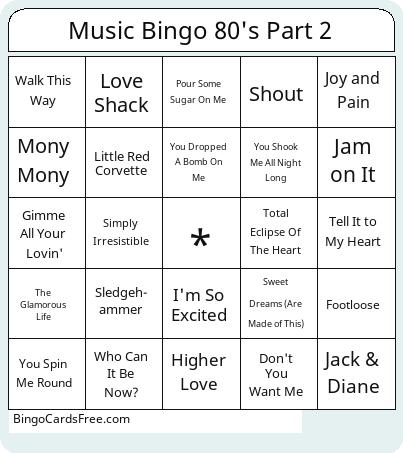 Music Bingo 80's Part 2