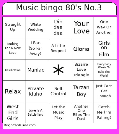 Music 80's Part 3 Bingo Card