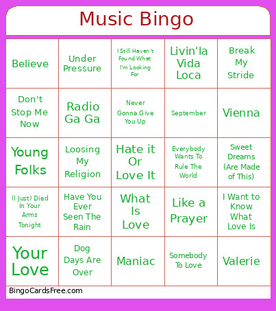 Music Bingo Card