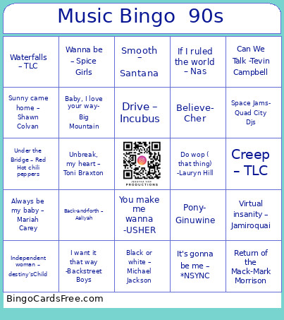 Music 90s Bingo Card