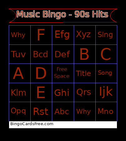 Music - 90s Hits Bingo Card