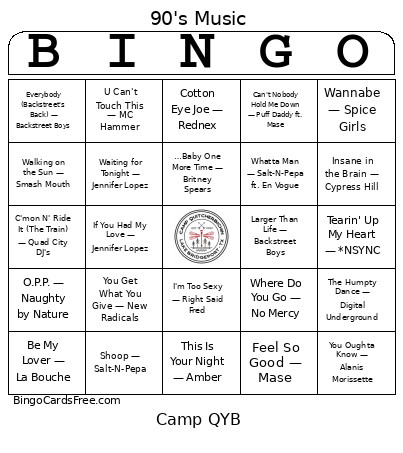 Music - 90's Music Bingo Card