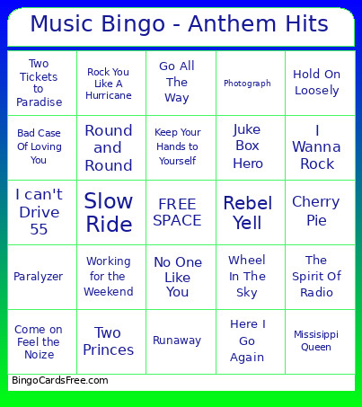 Music - Anthem Hits Bingo Card