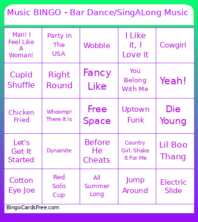 Music - Bar Dance/SingALong Music Bingo Card