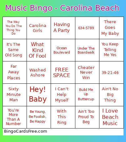 Music - Carolina Beach Bingo Card
