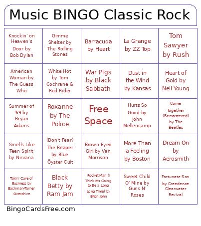 Music Classic Rock Bingo Card