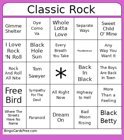 Music Classic Rock Bingo Card