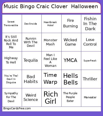 Music Craic Clover Oct 21 Game #2 Halloween Bingo Card