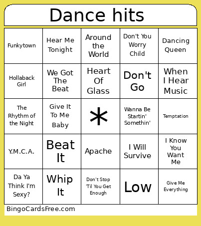 Music Dance Hits Bingo Card