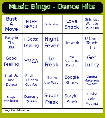 Music - Dance Hits Bingo Card