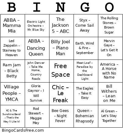 Music - Decades 70s Bingo Card