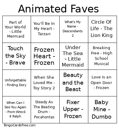 Music Disney Bingo Card