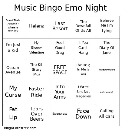 Music Emo Night Bingo Card
