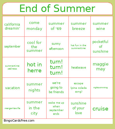 Music End Of Summer Bingo Card