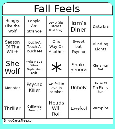 Music Fall Feels Bingo Card