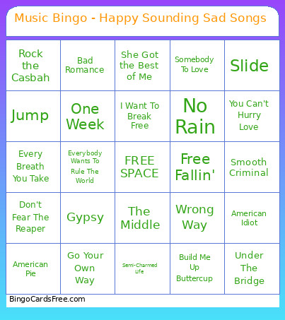 Music - Happy Sounding Sad Songs Bingo Card