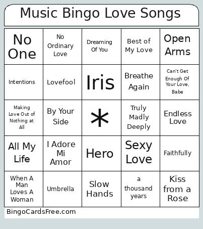 Music Bingo Love songs Cards Free Pdf Printable Game, Title: Music Bingo Love Songs