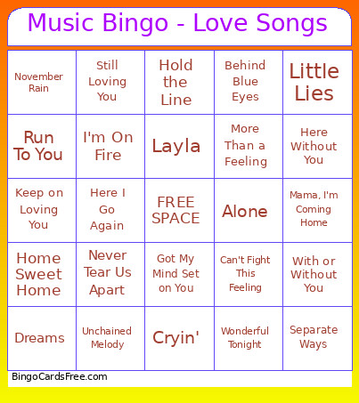 Music - Love Songs Bingo Card