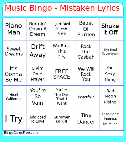 Music - Mistaken Lyrics Bingo Card