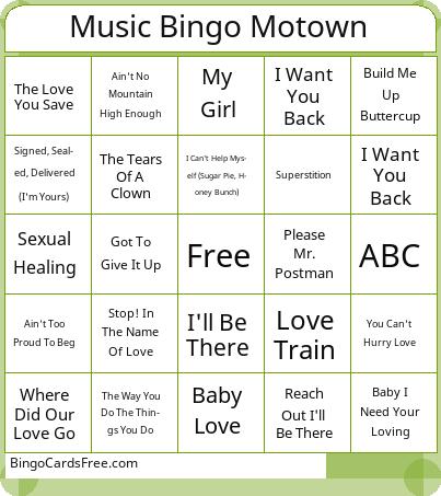 Motown Bingo Cards Free Pdf Printable Game, Title: Music Bingo Motown