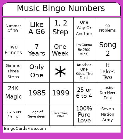 Music Numbers Bingo Card
