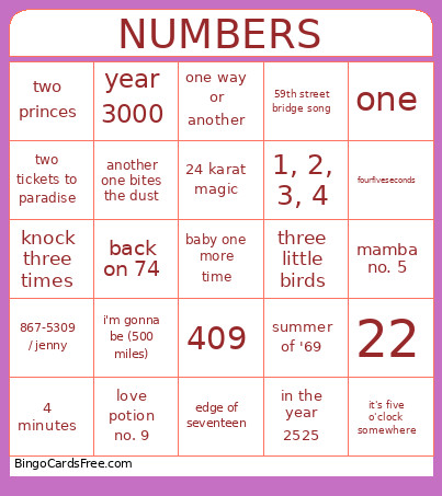 MUSIC : NUMBERS Bingo Card