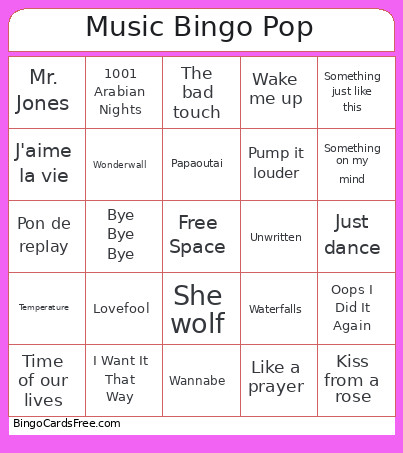 Music Pop Bingo Card