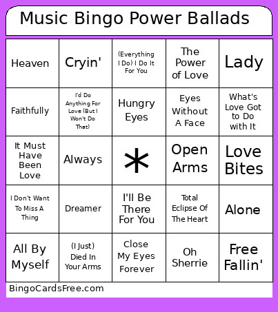 Music Power Ballads Bingo Card