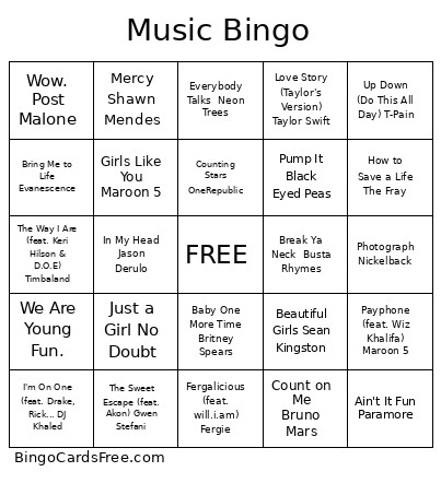 Music Pt.2 Bingo Card