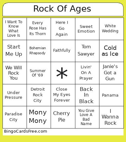 Music Rock Of Ages Bingo Card