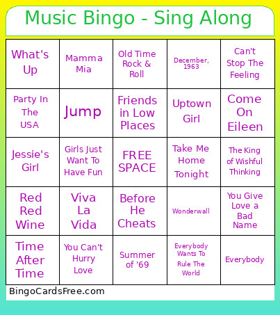 Music - Sing Along Bingo Card