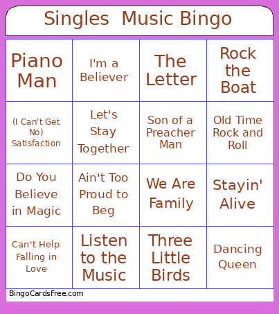 Music Sixties Seventies Bingo Card